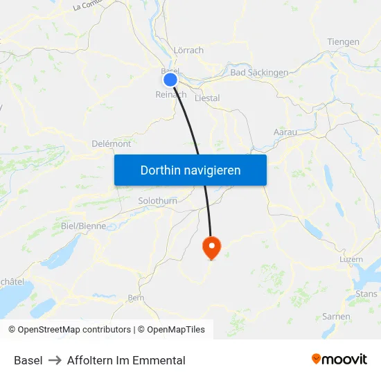 Basel to Affoltern Im Emmental map