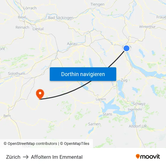 Zürich to Affoltern Im Emmental map