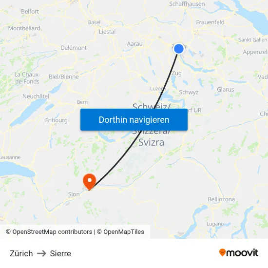 Zürich to Sierre map