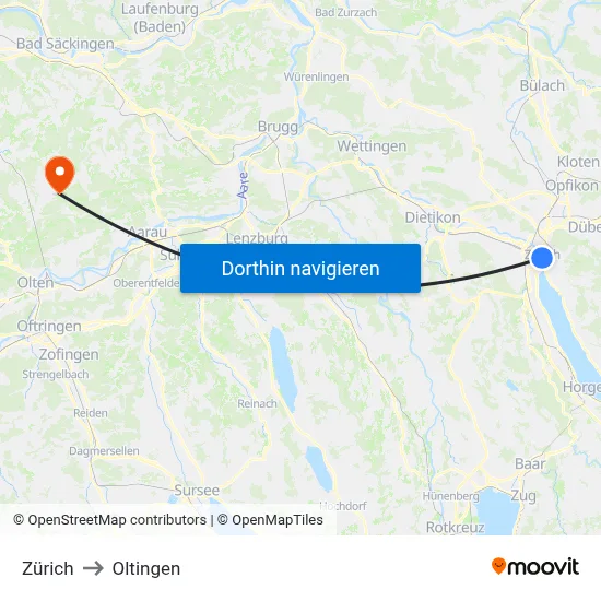 Zürich to Oltingen map