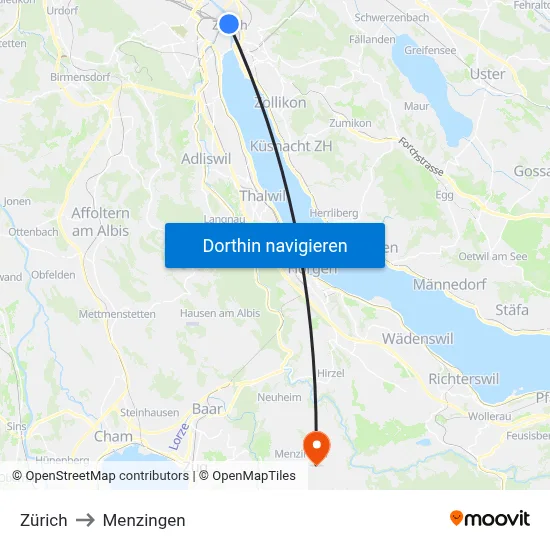 Zürich to Menzingen map