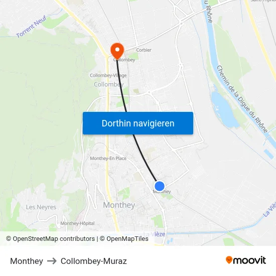 Monthey to Collombey-Muraz map