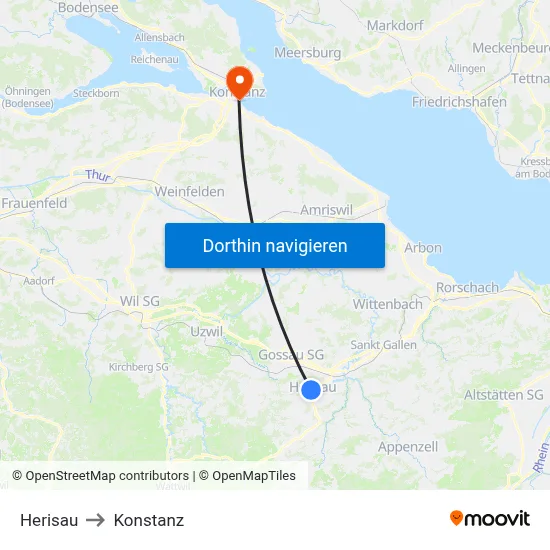 Herisau to Konstanz map