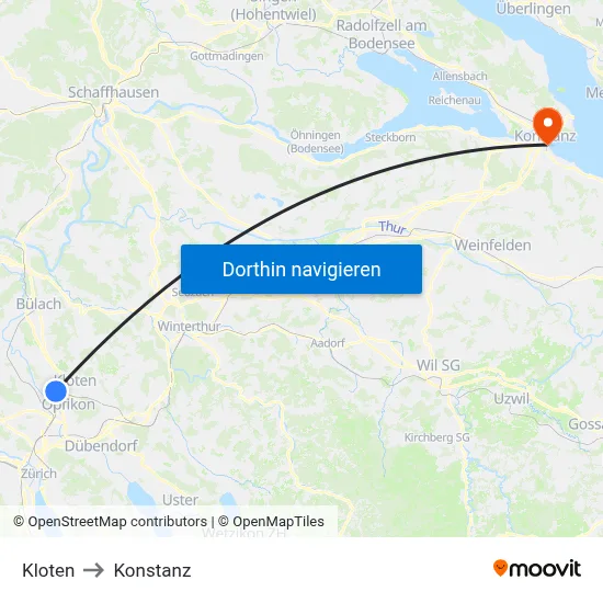 Kloten to Konstanz map