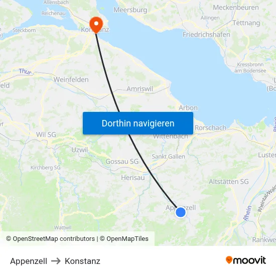 Appenzell to Konstanz map