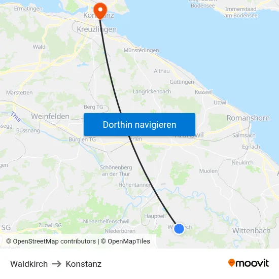Waldkirch to Konstanz map