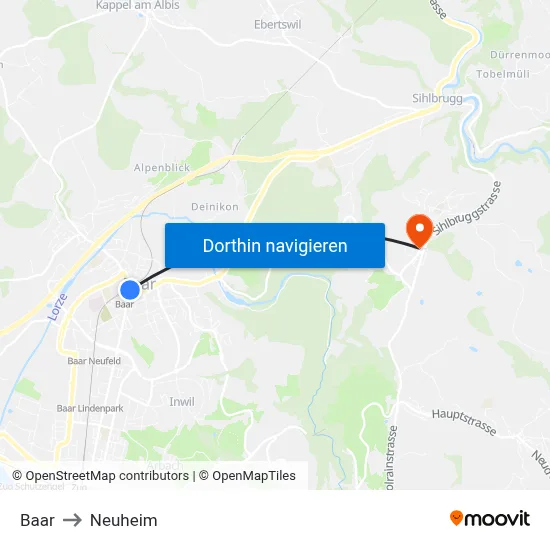 Baar to Neuheim map
