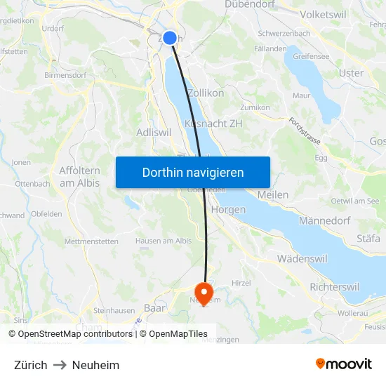 Zürich to Neuheim map