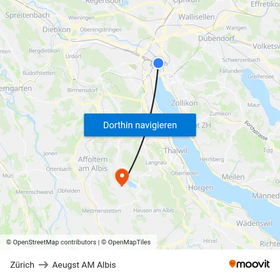 Zürich to Aeugst AM Albis map