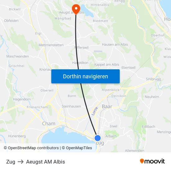 Zug to Aeugst AM Albis map