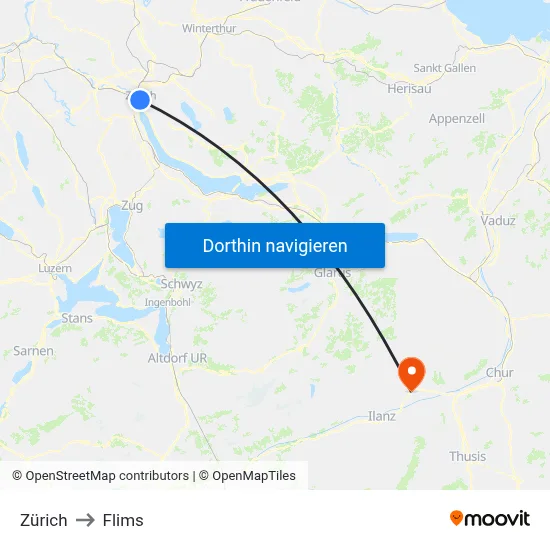 Zürich to Flims map