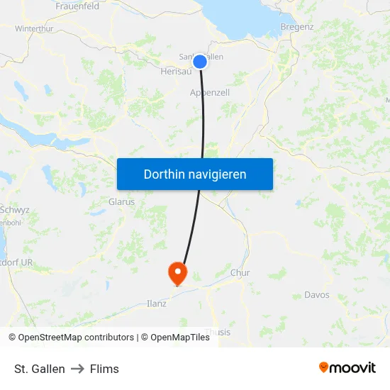 St. Gallen to Flims map