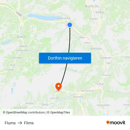Flums to Flims map
