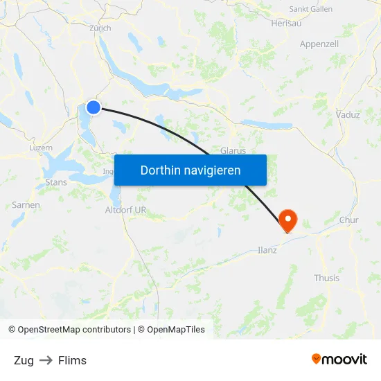 Zug to Flims map