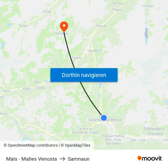 Mals - Malles Venosta to Samnaun map