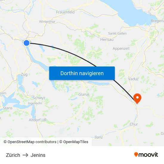 Zürich to Jenins map
