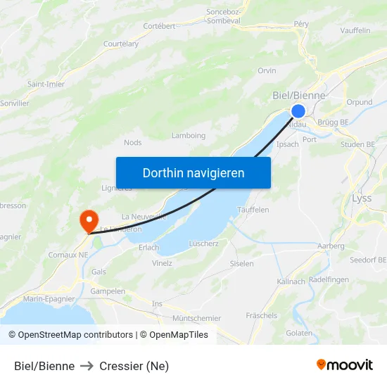 Biel/Bienne to Cressier (Ne) map
