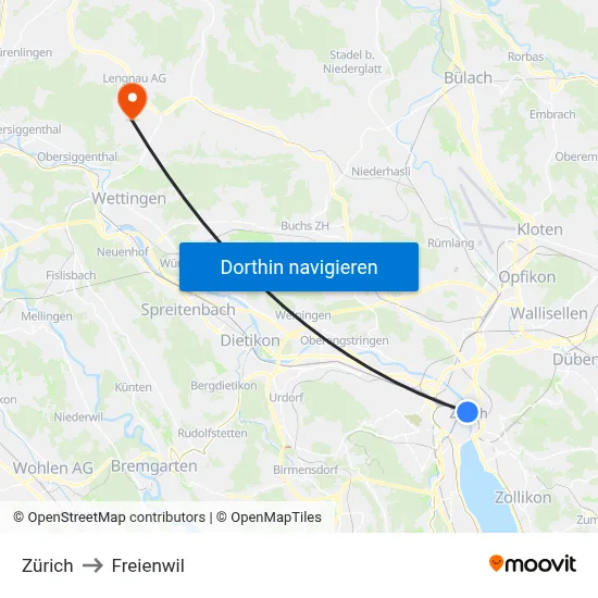 Zürich to Freienwil map