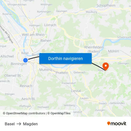 Basel to Magden map