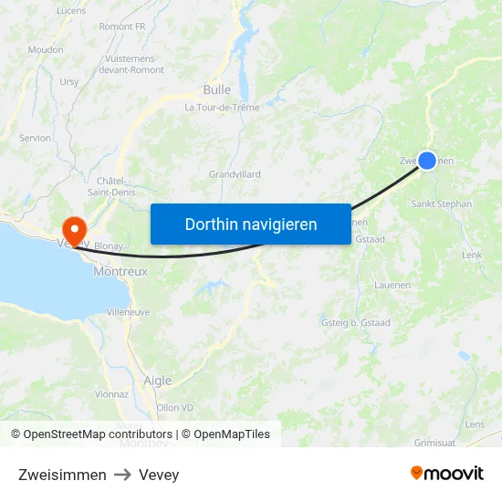 Zweisimmen to Vevey map