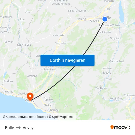 Bulle to Vevey map