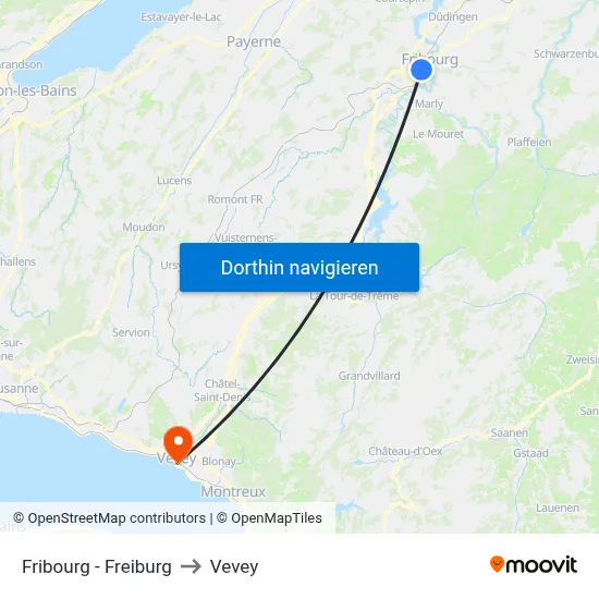 Fribourg - Freiburg to Vevey map