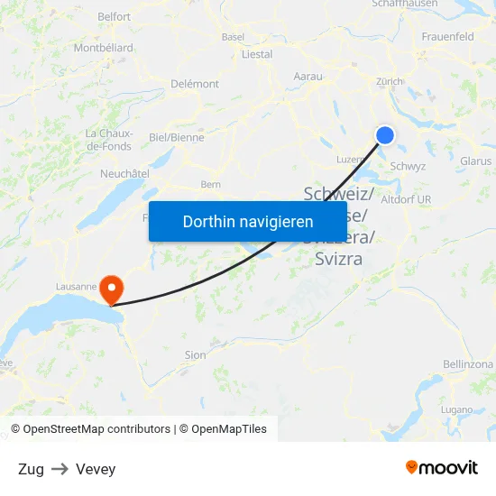 Zug to Vevey map
