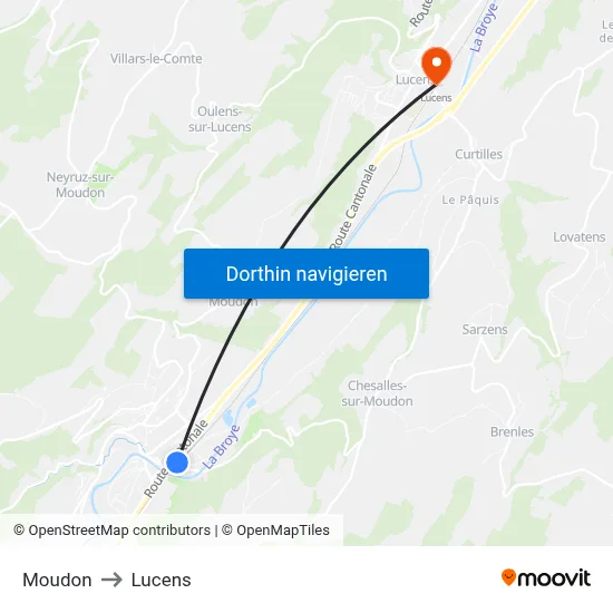 Moudon to Lucens map
