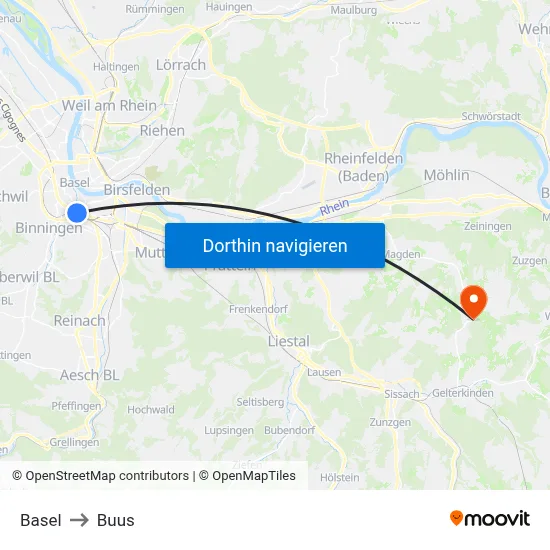 Basel to Buus map