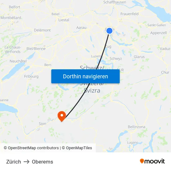 Zürich to Oberems map