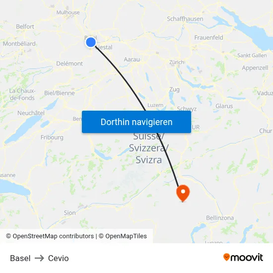 Basel to Cevio map