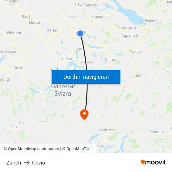 Zürich to Cevio map