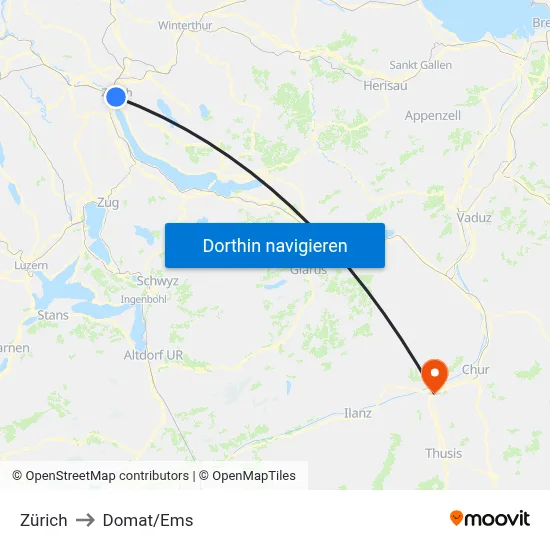 Zürich to Domat/Ems map