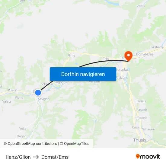 Ilanz/Glion to Domat/Ems map