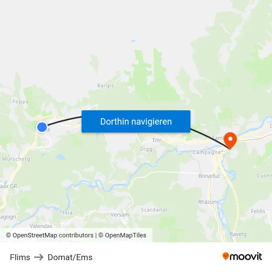 Flims to Domat/Ems map