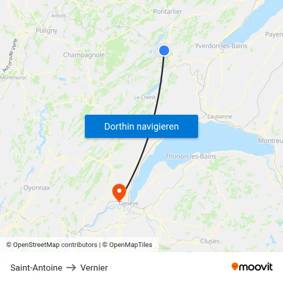 Saint-Antoine to Vernier map
