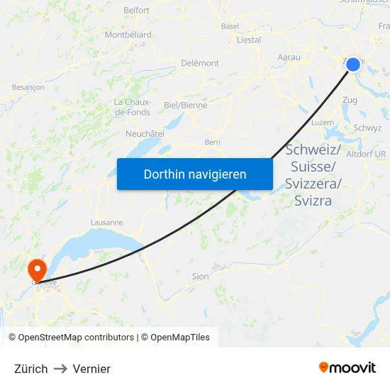 Zürich to Vernier map