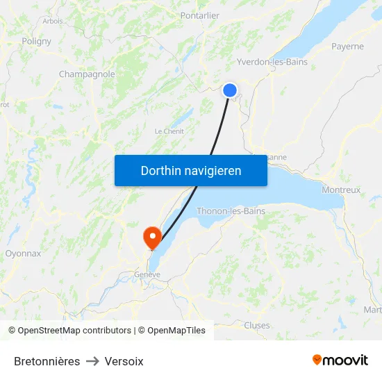 Bretonnières to Versoix map