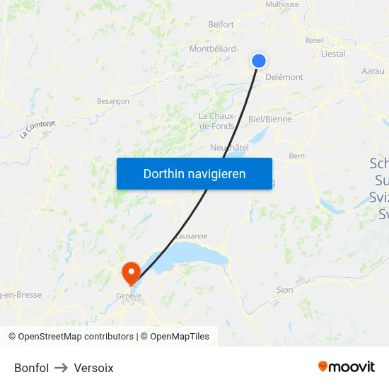 Bonfol to Versoix map