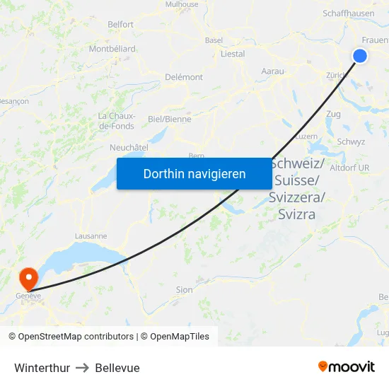 Winterthur to Bellevue map