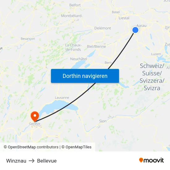 Winznau to Bellevue map