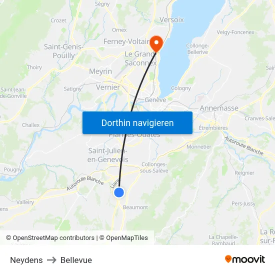 Neydens to Bellevue map