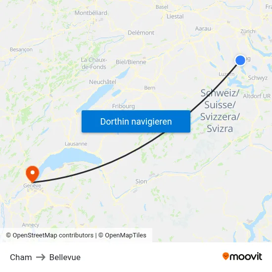 Cham to Bellevue map