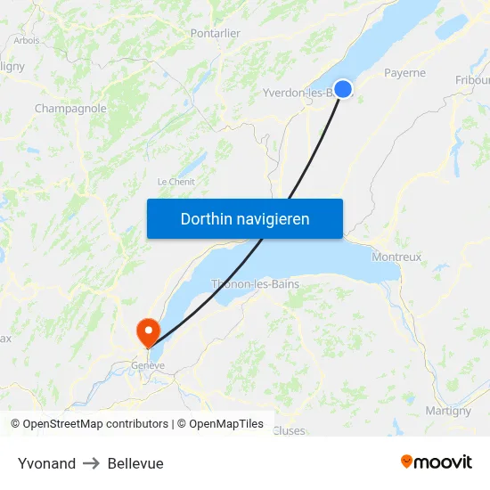 Yvonand to Bellevue map