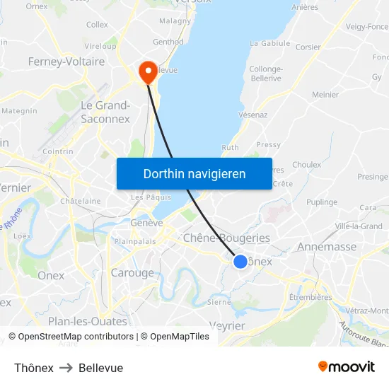 Thônex to Bellevue map
