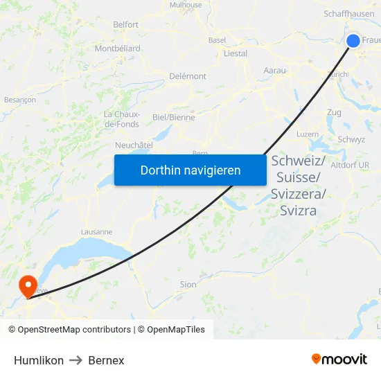 Humlikon to Bernex map