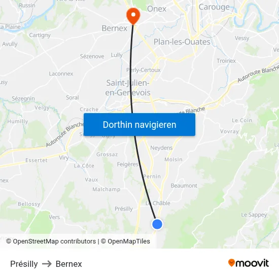 Présilly to Bernex map