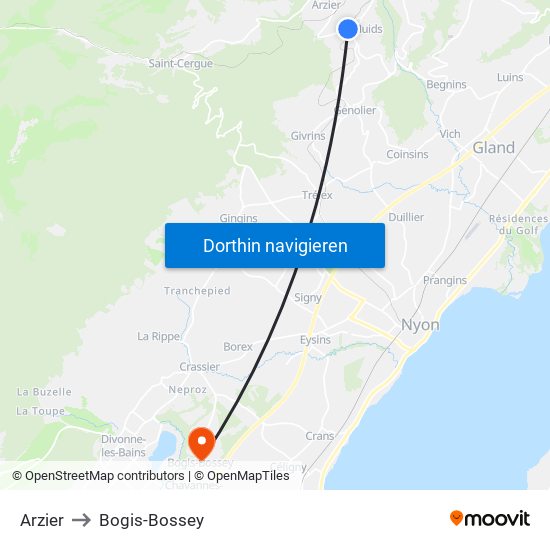 Arzier to Bogis-Bossey map