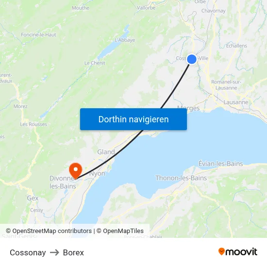 Cossonay to Borex map