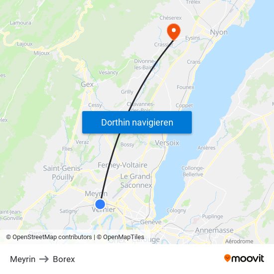 Meyrin to Borex map